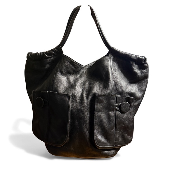 Vintage Bodhi Black Pebbled Leather Bucket Shoulder Bag with Front Pockets - Picture 2 of 16